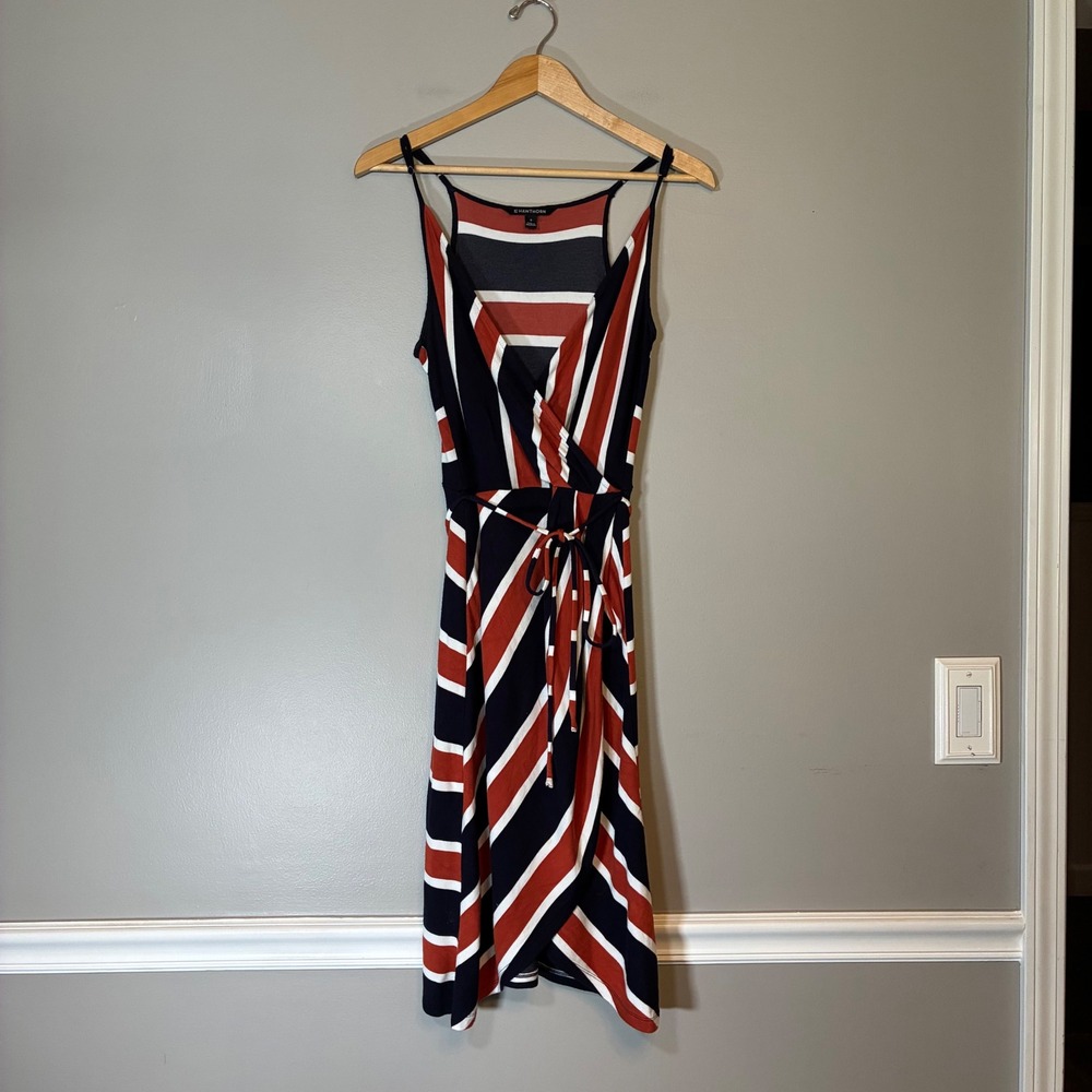 41 Hawthorn Striped Faux Wrap Dress Navy Orange White Sleeveless Medium